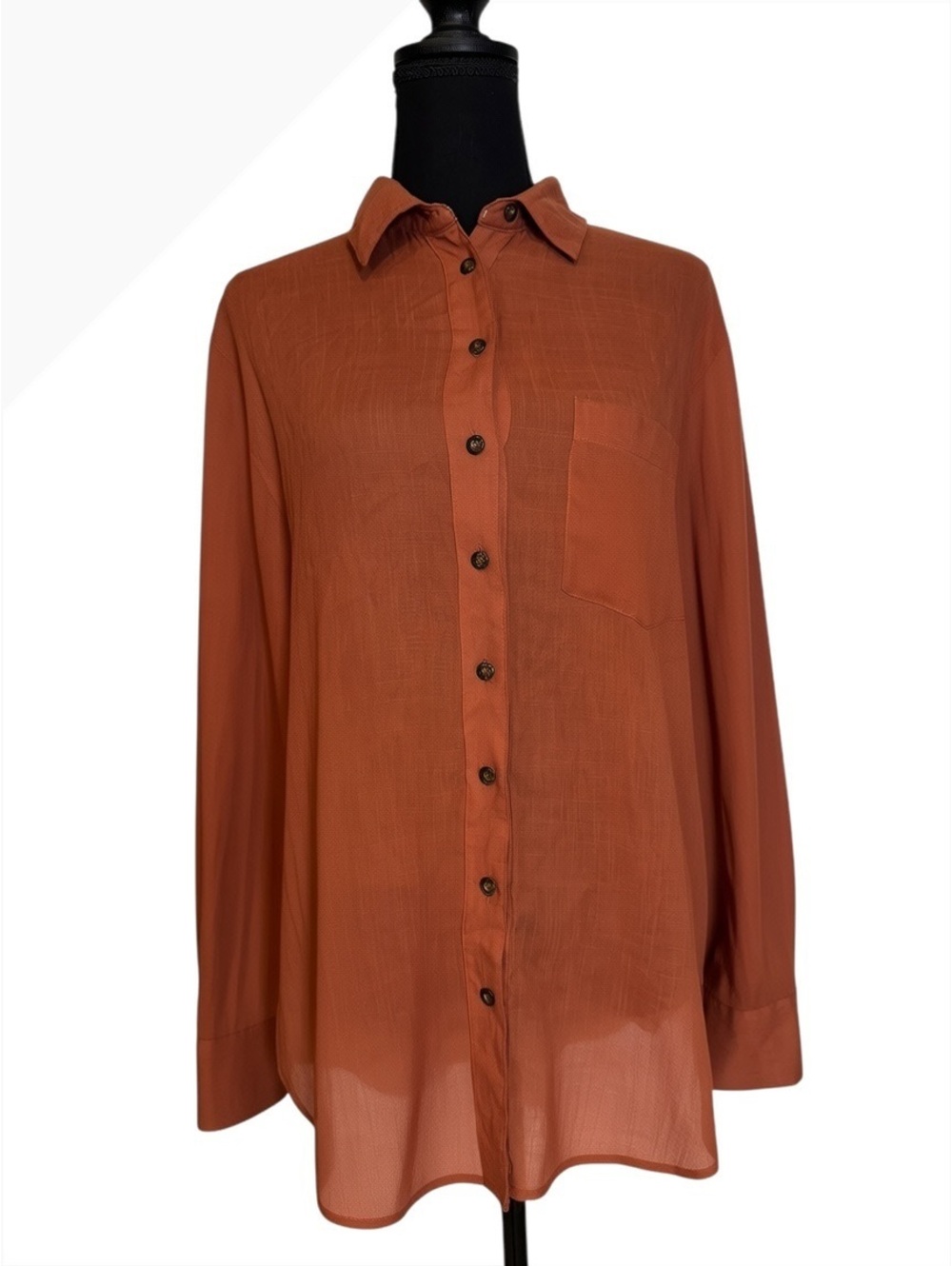 Free People Button-Up Blouse in Rust Orange, Size S